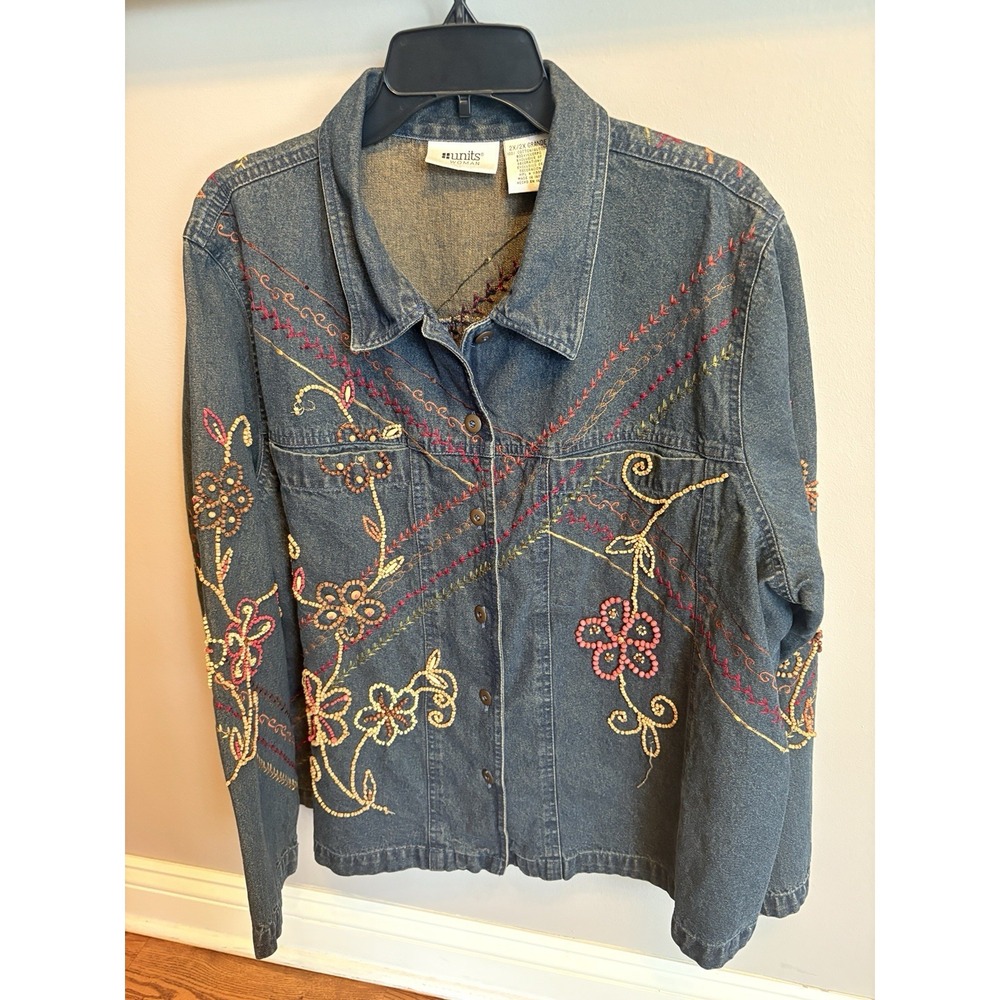 Units Woman 2X Denim Button Long Sleeve Shirt Jacket Beading Mixed Fabric Boho